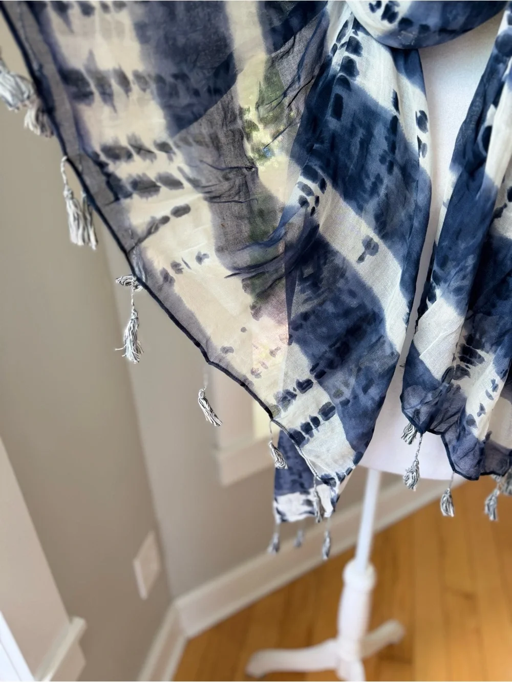 Vintage Navy and White Woven Tie-Dye Scarf Wrap with Tassels